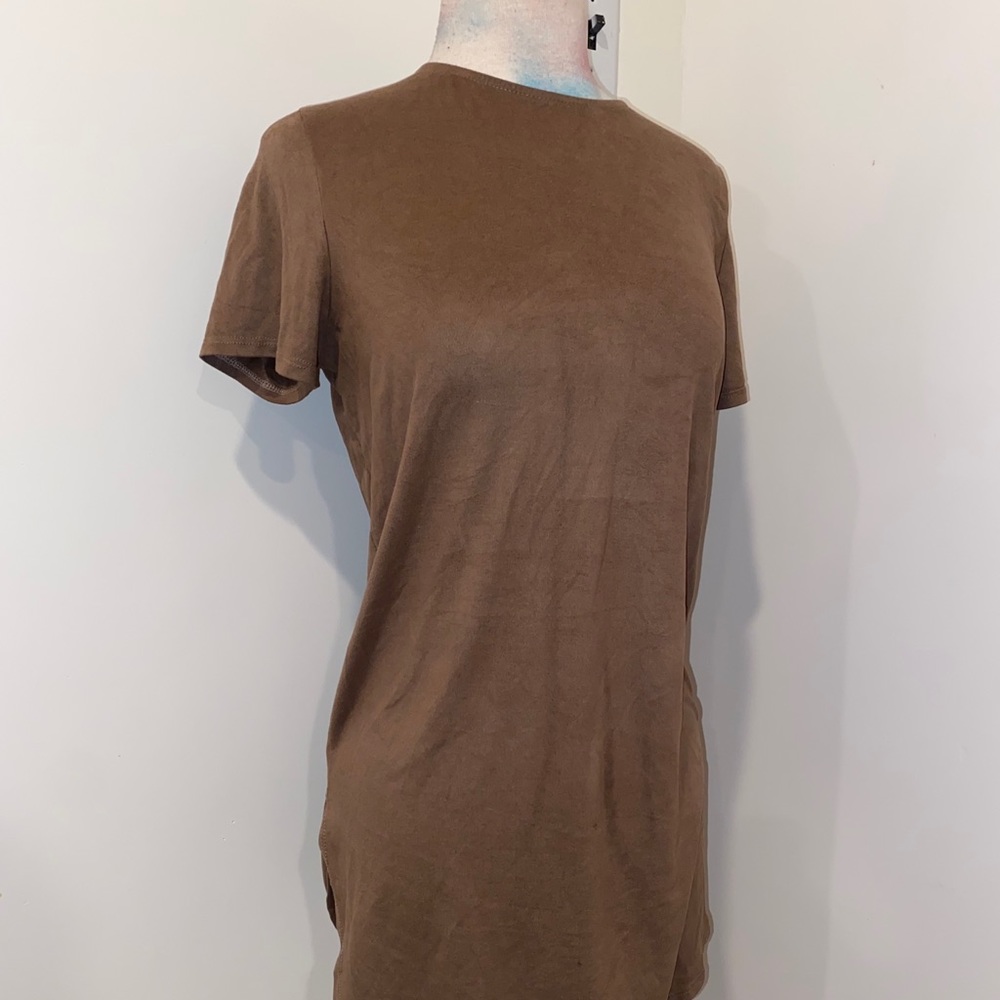 Fuzzy brown small slit short t shirt dress